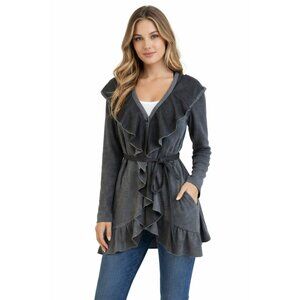 NWT Rare Samuel Dong Belted Ruffle Front Cardigan Coat Small Gray Polyester Blen